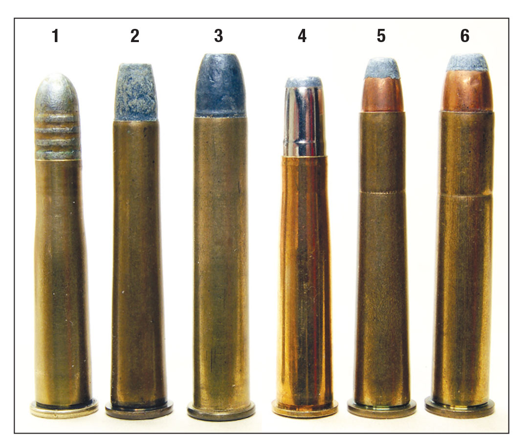 Premier target cartridges of the 1895-1920 period include: (1) German 8.15x46R, (2) American .32-40 and (3) .38-55 with lead bullets, and the same cartridges (4, 5 and 6) with jacketed hunting bullets.